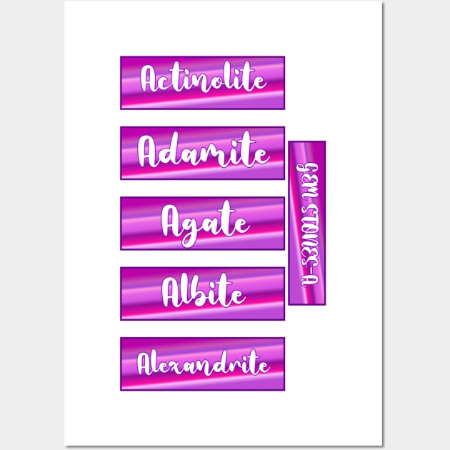 Gemstone names actinolite, adamite, agate, albite, alexandrite  stickers, magnet, travelling bottles Wall Art by Blueberry Pie 